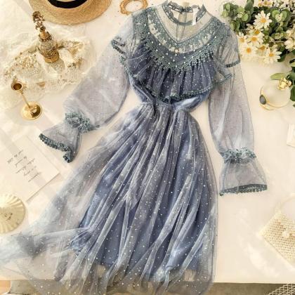 French Sequined Beaded Long Sleeve Tulle Dress
