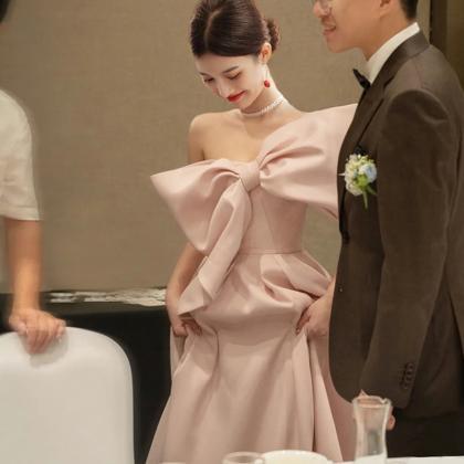 Pink Bow Long Pink Evening Dress,2022 Prom Dress