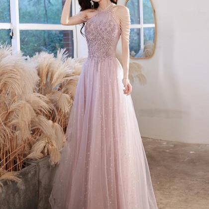 Pink Halter Beading Tulle Prom Dress,long Formal..