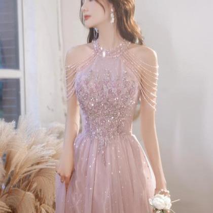 Pink Halter Beading Tulle Prom Dress,long Formal..