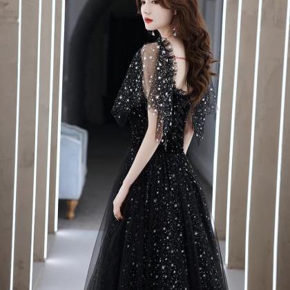 Black Sequined Long Prom Dress,tulle Eveing Gowns