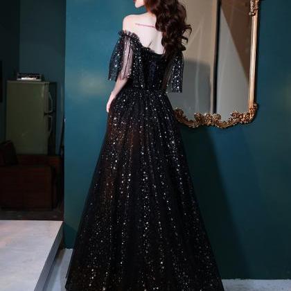 Black Sequined Long Prom Dress,tulle Eveing Gowns