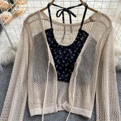 Cutout Long Sleeve Lace-up Cardigan Floral Cropped..