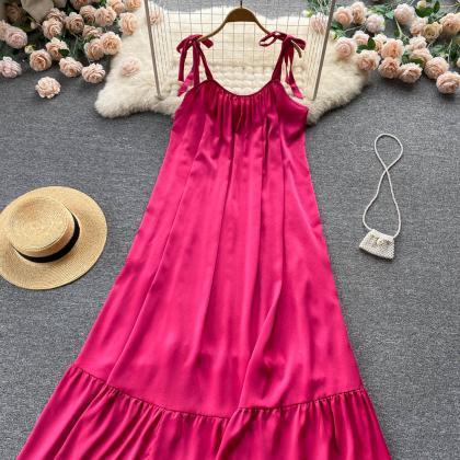French Loose Sling Pleated Seaside Resort Dress