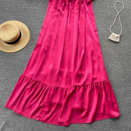 French Loose Sling Pleated Seaside Resort Dress