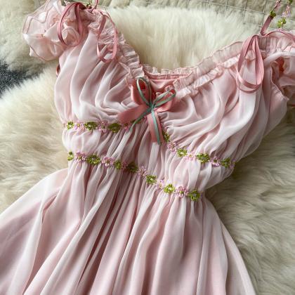 Sweet V-neck Pink Pleated Chiffon Dress