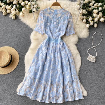 Blue Lace Embroidered Short Sleeve Floral Dress