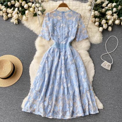 Blue Lace Embroidered Short Sleeve Floral Dress