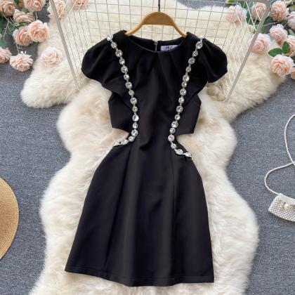 Rhinestone Beaded Cutout Black Dress