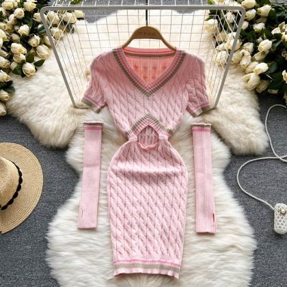 Pink Hollow V-Neck Knit Dress