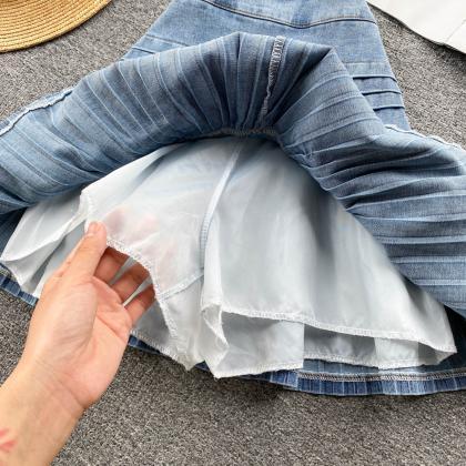 Trendy Denim Pleated A-line Skirt