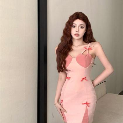Pink Splicing Contrast Color Bow Sling Dress X9127