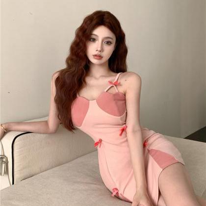 Pink Splicing Contrast Color Bow Sling Dress X9127