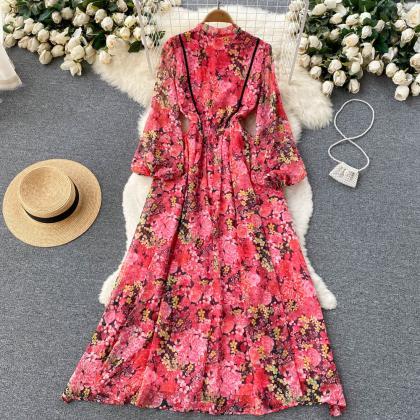 Red Floral Long Sleeve A Line Printed Dress