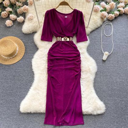 V-neck Slit Dress Bright Silk Dress