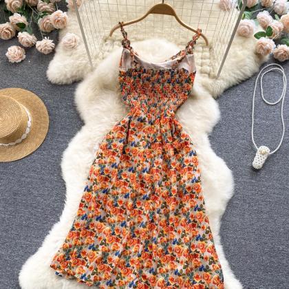 Chiffon Floral Split Long Dress Beach Sling Dress