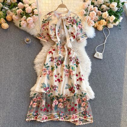 Hepburn Contrast Bow Neck Embroidered Floral Dress