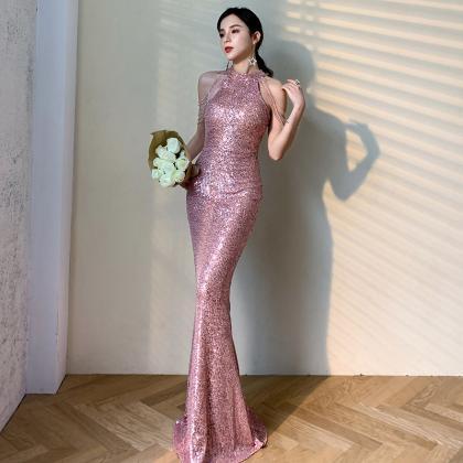 Luxurious Sequins Mermaid Prom Dress,halter Formal..
