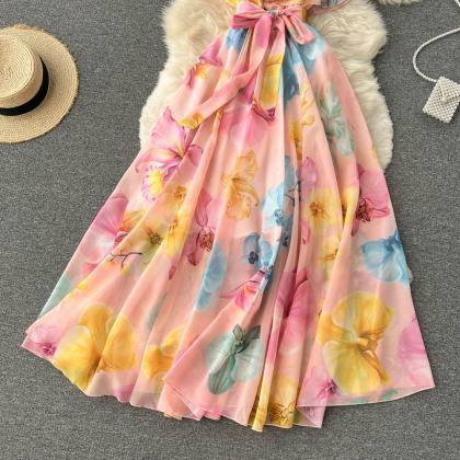 Irregular One-shoulder Chiffon Floral Dress