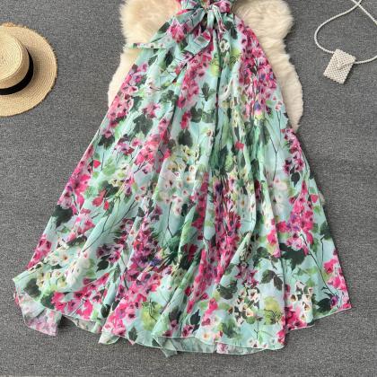 Irregular One-shoulder Chiffon Floral Dress