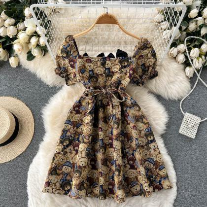French Bear Print Puff Sleeve Short Dress