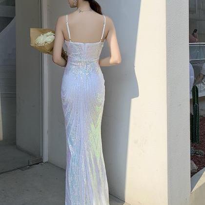 Sexy V Neck Sequined Mermaid Prom Dress Long..