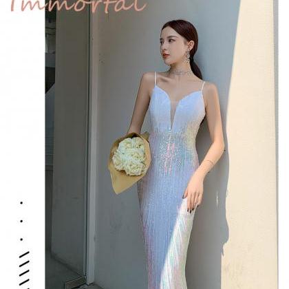 Sexy V Neck Sequined Mermaid Prom Dress Long..