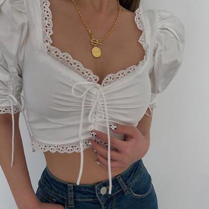 V-neck Strap Cropped Shirt Puff Sleeve White Top