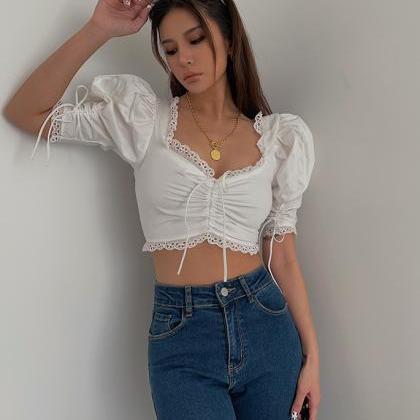 V-neck Strap Cropped Shirt Puff Sleeve White Top