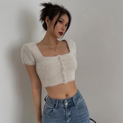 Square neck knitted short T hot gir..