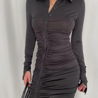 Sexy Black Pleated Long-sleeve Shirt Dress
