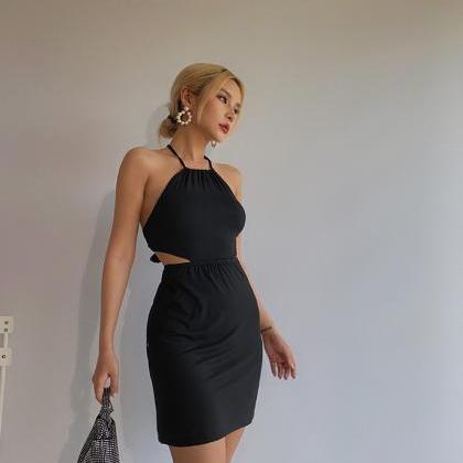 Open-back Cutout Lace-up Black Halter Dress