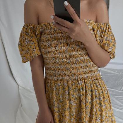 One-shoulder Puff Sleeve Print Dress