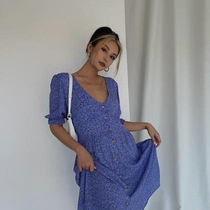 Blue Vintage Puff Sleeve Dress