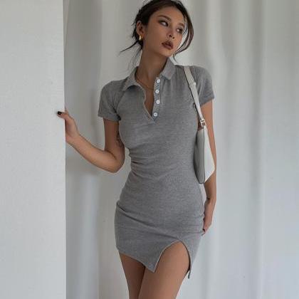 Polo Neck Side Slit Short Sleeve Dress