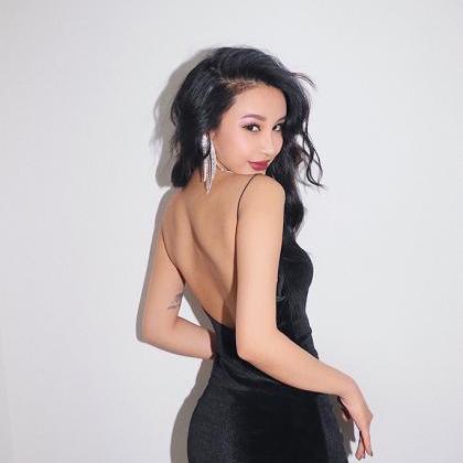 Sexy Backless Velvet Slit Dress