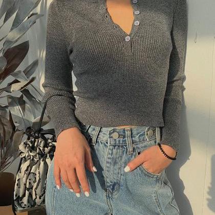 Cropped Long Sleeve Knit Top Sweater
