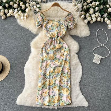 Square Neck Crinkled Floral Chiffon Slit Dress