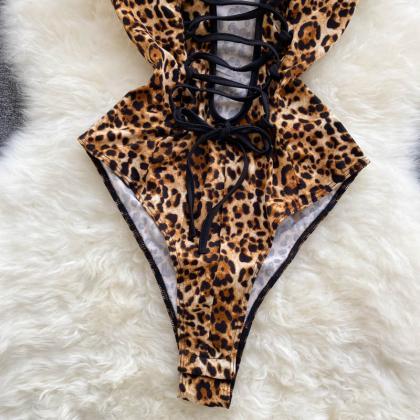 Lace-up Sexy Cutout Leopard Print Bodysuit