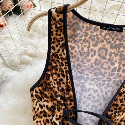 Lace-up Sexy Cutout Leopard Print Bodysuit