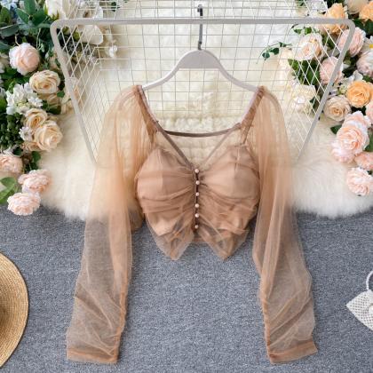 Sexy Camisole Sheer Mesh Long Sleeve Top Two Piece