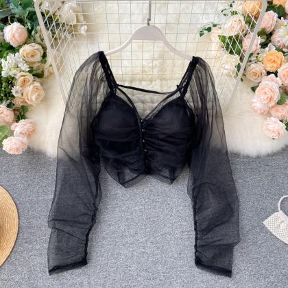 Sexy Camisole Sheer Mesh Long Sleeve Top Two Piece