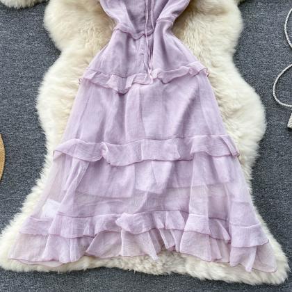 Purple V-neck Ruffled Cake Dress