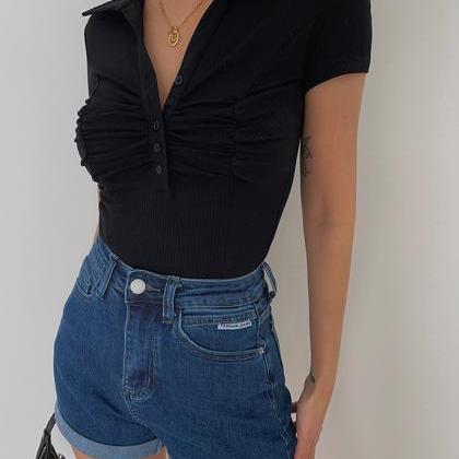 Sexy Deep V Pleated Short-sleeved Crop Top