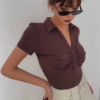 Sexy Deep V Pleated Short-sleeved Crop Top