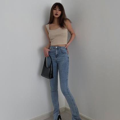 Slit Patch Jeans High Waist Micro Flare Pants