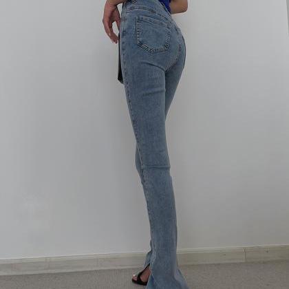 Slit Patch Jeans High Waist Micro Flare Pants
