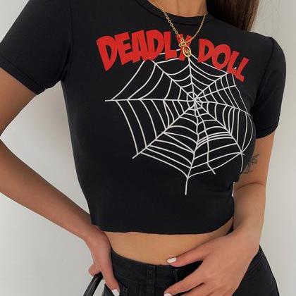 Spider Web Print Crew Neck Short Sleeve T-shirt..