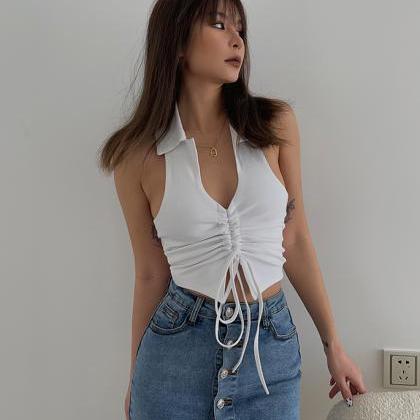 Halter Lace-up Vest White Cropped Top