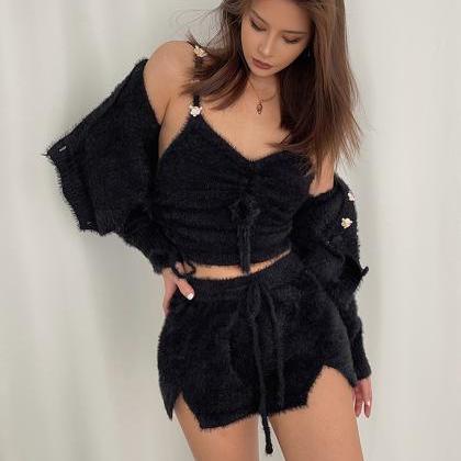 Sexy Black Mohair Knit Cardigan Sling Shorts Suit..